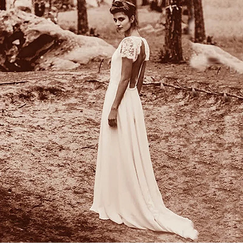 Новый Урожай V Шеи Свадебные Платья С Длинным Boho Шифон Пляж Кружева Cap Рукавом