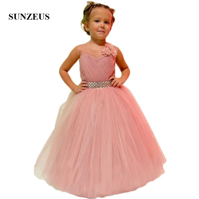 

Blush Pink Ball Gown Girls Pageant Party Dresses Pleats Handmade Flowers Beaded Flower Girls Dresses vestidos de comunion SF61
