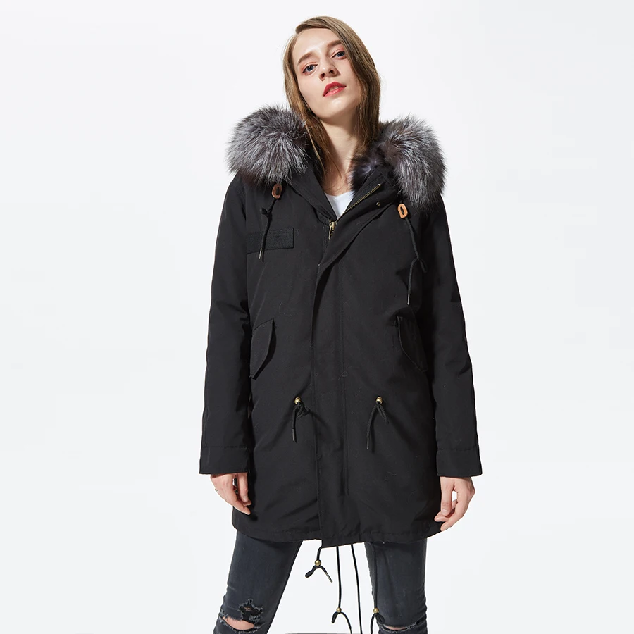 Winter Parka With Hood Coat Silver Fox White Fur Patchwork Lined Long Jackets For Women Plus Size | Женская одежда