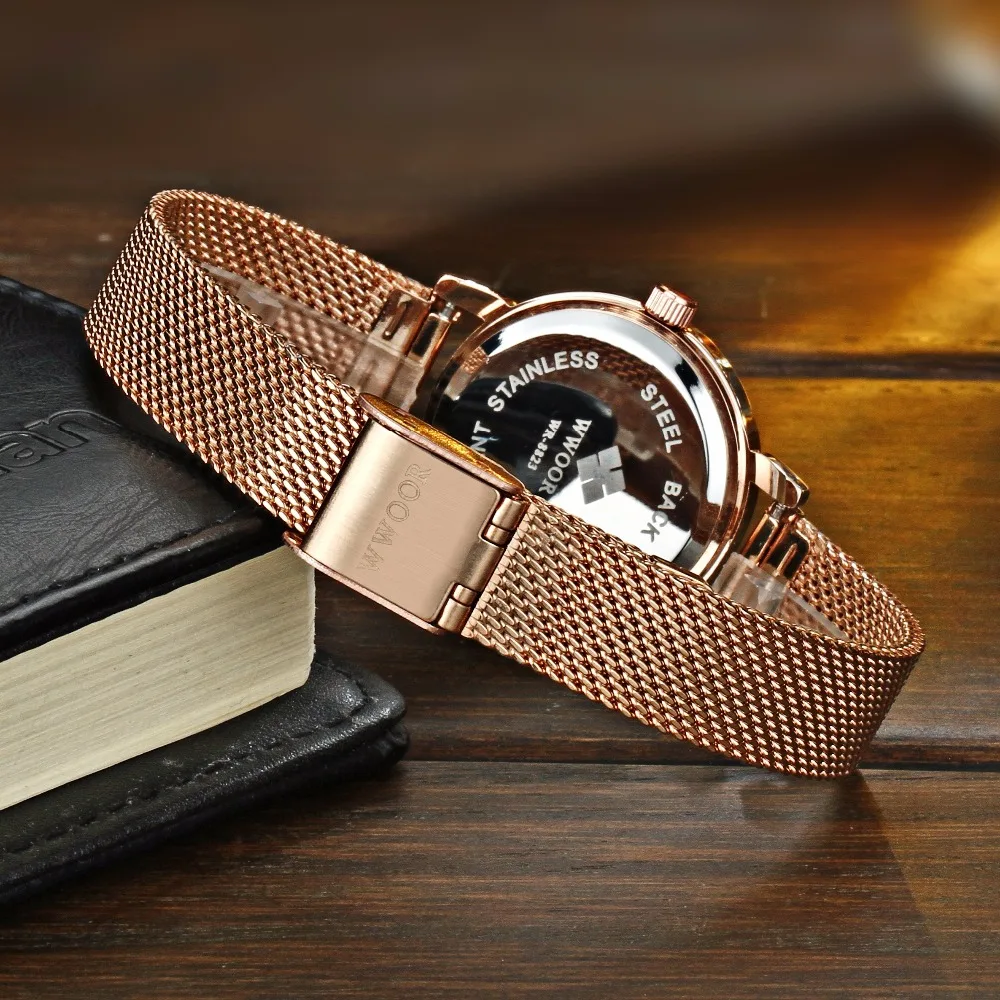 Новинка 2016 женские кварцевые часы WWOOR из нержавеющей стали розового золота