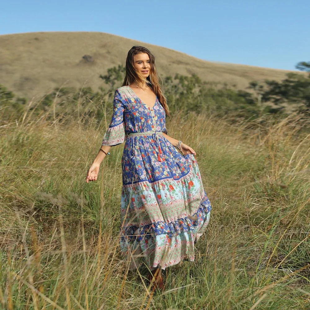 Женское Пляжное Платье макси с розовым цветочным принтом богемное длинное