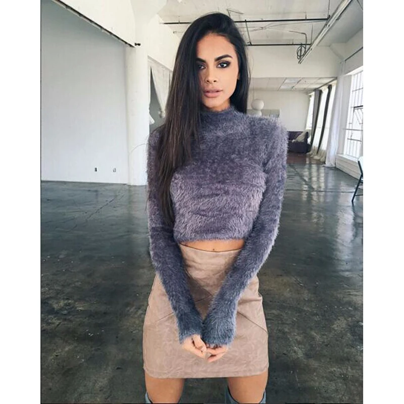 OKXGNZ 2018 New Autumn and Winter Women Wool Cropped Jumpers Fluffy Mohair Sweater Mujer Pullover Sweaters Crop Top Black | Женская