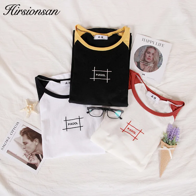 Hirsionsan короткий рукав Футболка Для женщин Повседневное Emboridery лоскутное корейский
