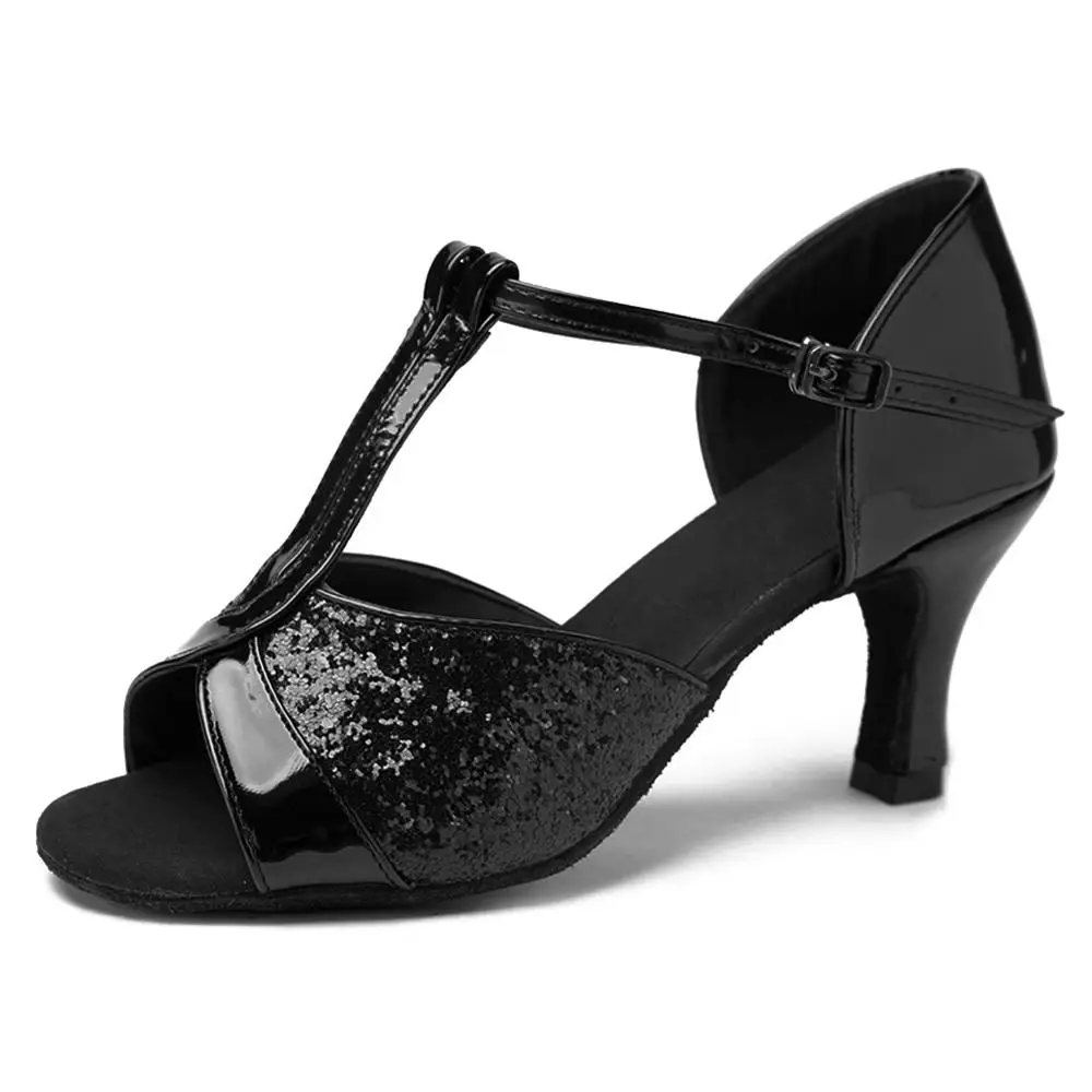 7CM Black8 Бренд атлас/из искусственной кожи для девочек женские Танго Сальса танец бальный Туфли для латинских танцев 7 см каблуке 22 цвета и в розницу - Цвет: 7CM Black8