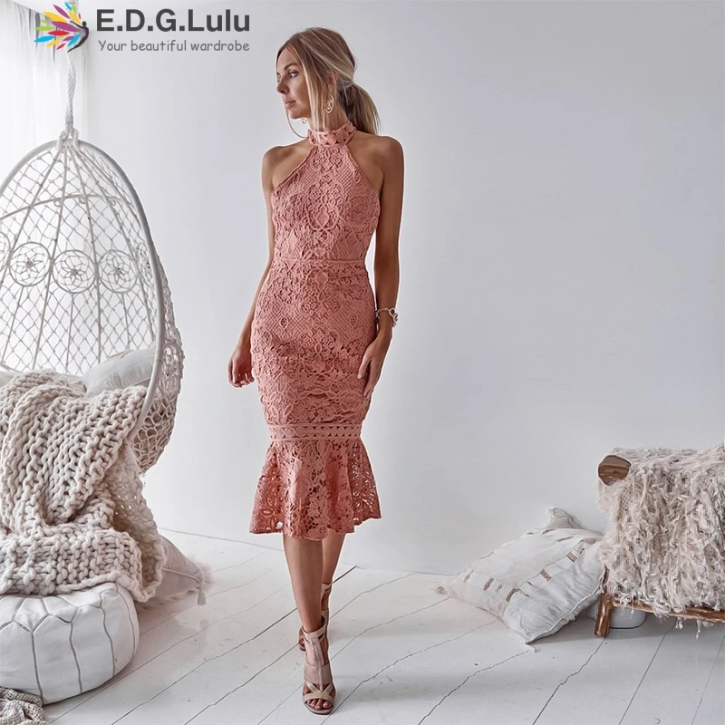 

EDGLulu women lace hollow dress evening party MIDI elegant vintage birthday 2019 spring summersexy ruffle fitted dress