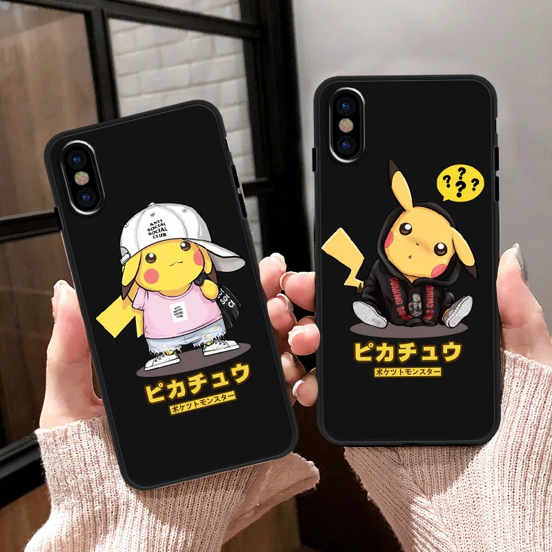 Japan anime black phone case Pokemons Pikachue kawaii cases for coque iPhone 7 8 6s 6plus silicon For iphone cover X XR Max |