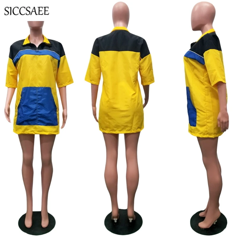 

2019 Summer Robe Contrast Color Patchwork Casual Dress Big Pockets Front Loose Streetwear Mini Ropa Mujer Maxi Tshirt Dresses