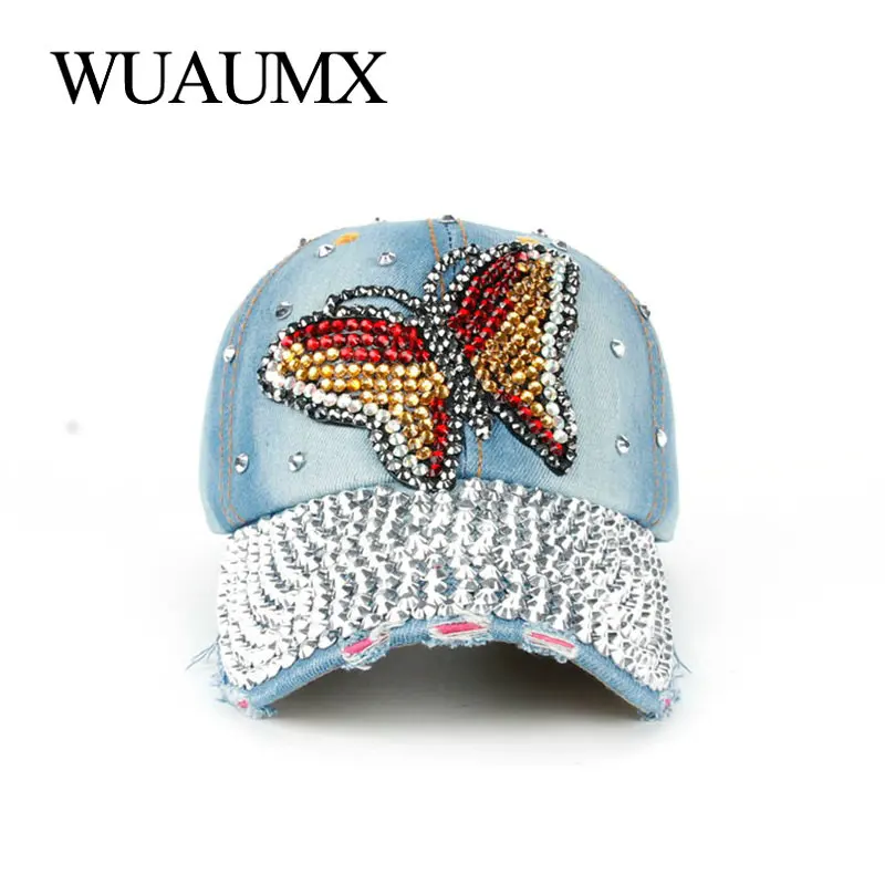Wuaumx Rhinestone Baseball Cap Women Handmade Butterfly Bling Cap For Girl Lady Snapback Caps Denim Visor casquette femme sport