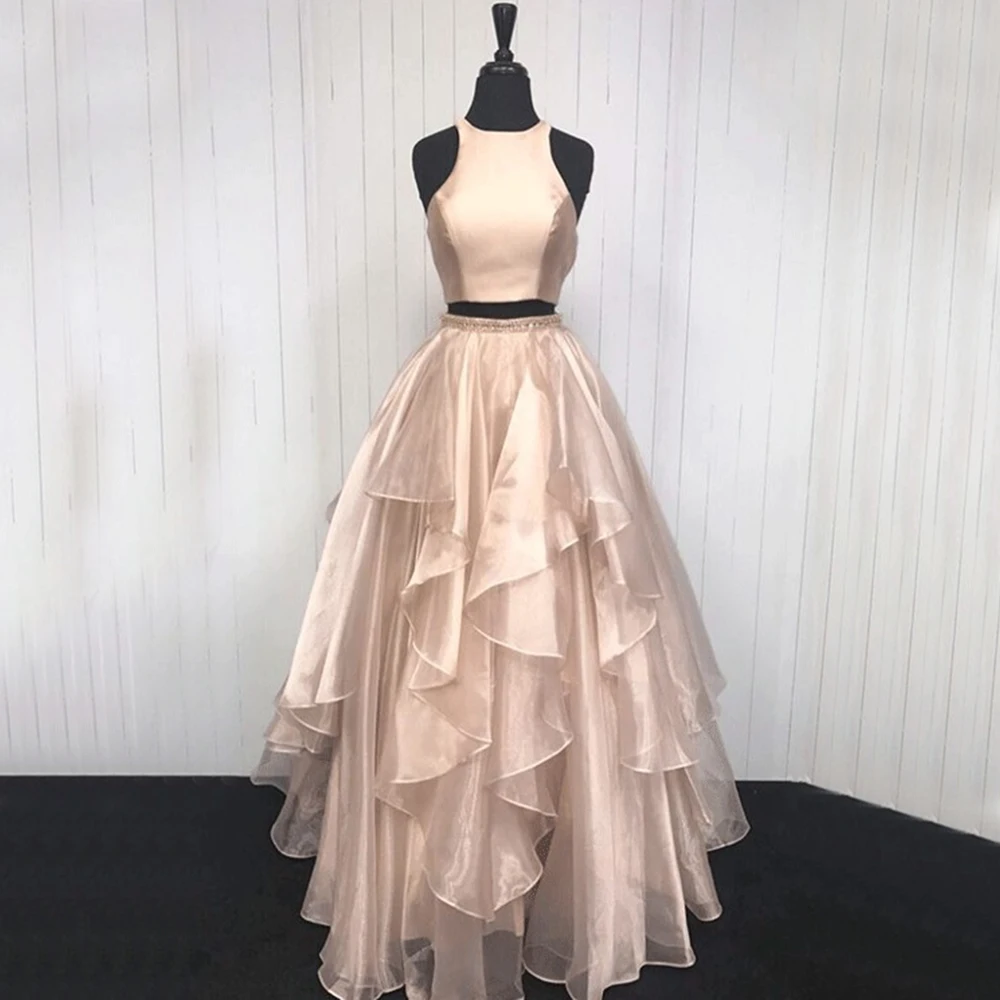 

Gardenwed Champagne Gold Two Pieces Evening Dress 2019 de gala Halter Neck abiye Ruffle Skirt Formal Dress Girls abendkleider