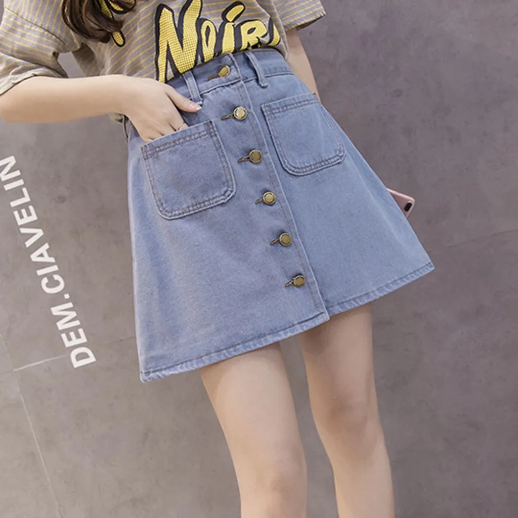 Fashion Women Leisure Denim A-Shaped Skirt Loose Button Pocket Short Skirt