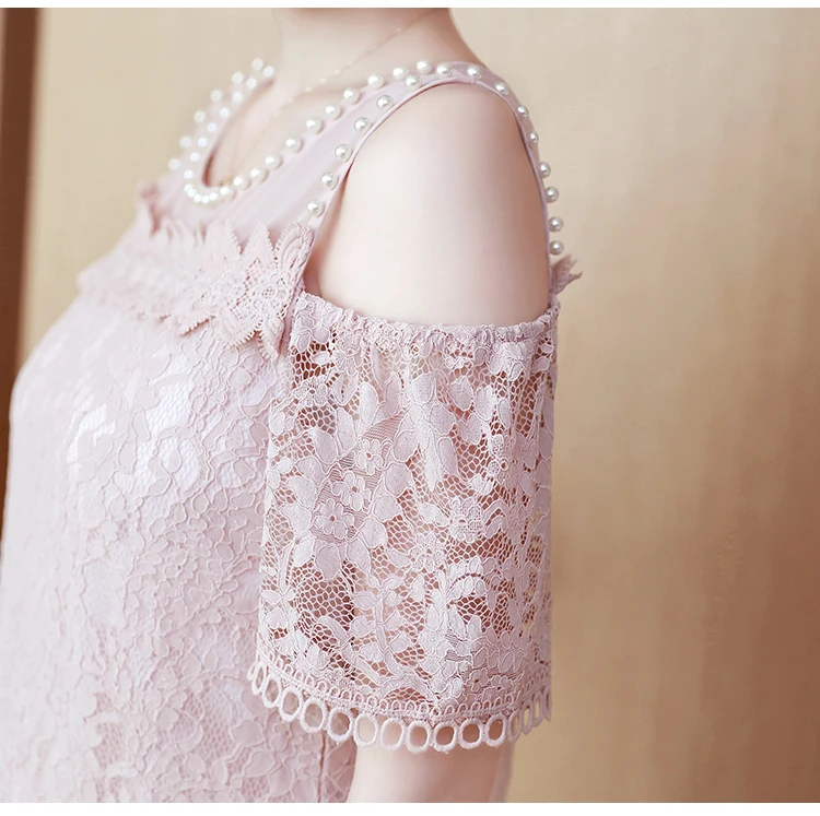 

2018 summer off shoulder top lace fashion woman blouses beading short sleeve women's blouse floral women clothes tops 0782 30