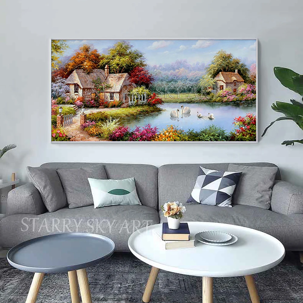 Kopen Luxe Muur Decor Kunstenaar Handgeschilderde Hoge Kwaliteit Europa Landschap Zwanen In Lake Olieverf Kleurrijke Landschap Olieverf