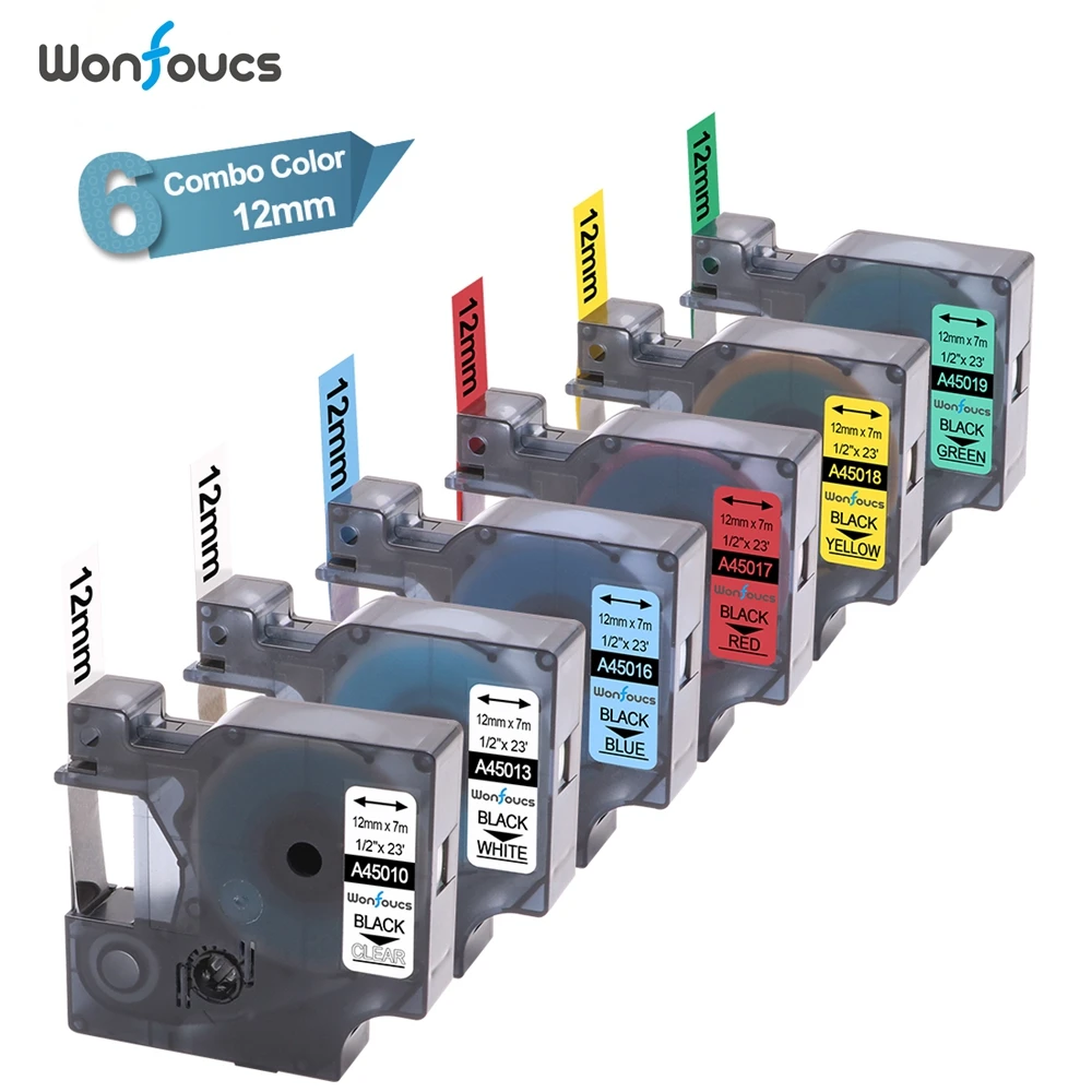 Wonfoucs 6 шт. D1 этикетки ленты D45013 совместимый с DYMO 45010 45013 45016 принтер 12 мм прозрачный