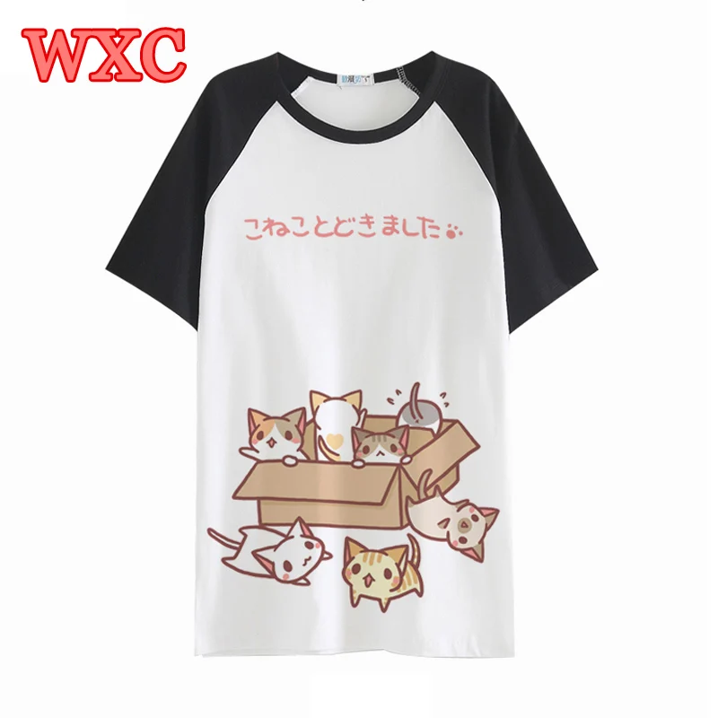 Летняя женская футболка с японским аниме топы Neko atsum Милая мультяшным котом и