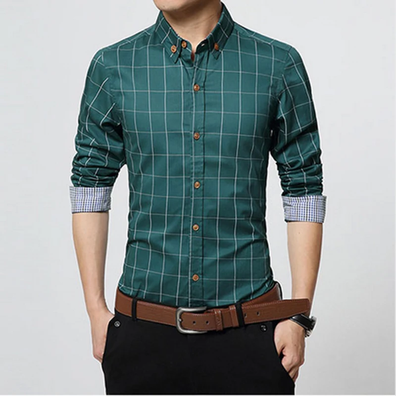 Осень мода бренд мужской одежды Slim Fit Мужская рубашка с длинными рукавами Мужчины