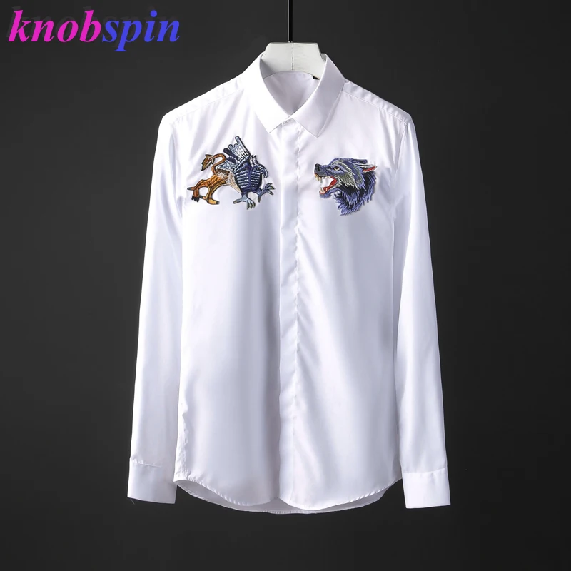 Мужская приталенная рубашка из 100% чистого хлопка с вышивкой Волчья Голова