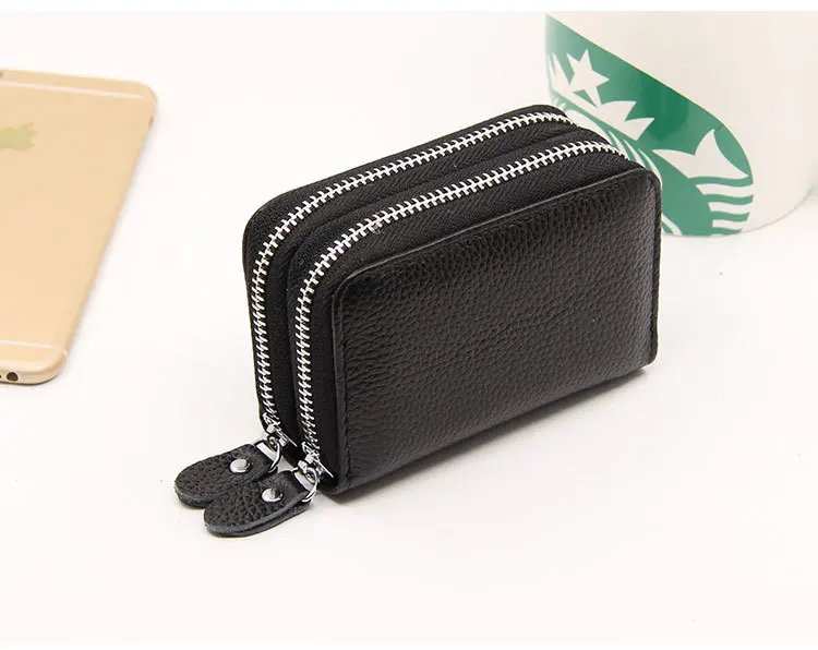 Зернистая кожа RFID Анти-сканирующий держатель для карт из натуральной кожи, внешняя торговля, двойная молния nan nv общий нейтральный кошелек