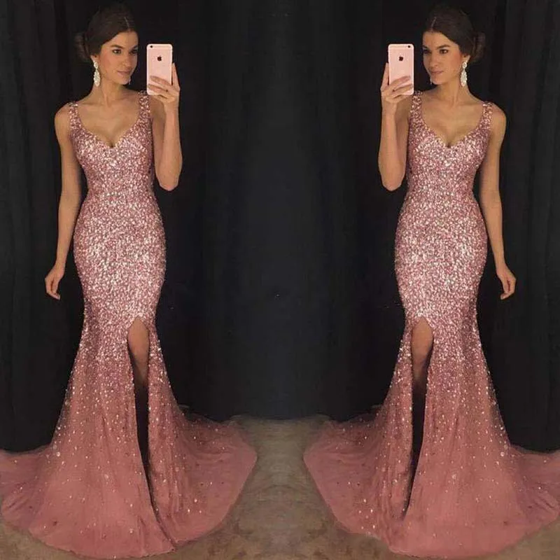 Summer Dress Women Sequin Prom Party Sexy Gold Evening Party High Waist V Neck Long Bodycon Split Dress For Female