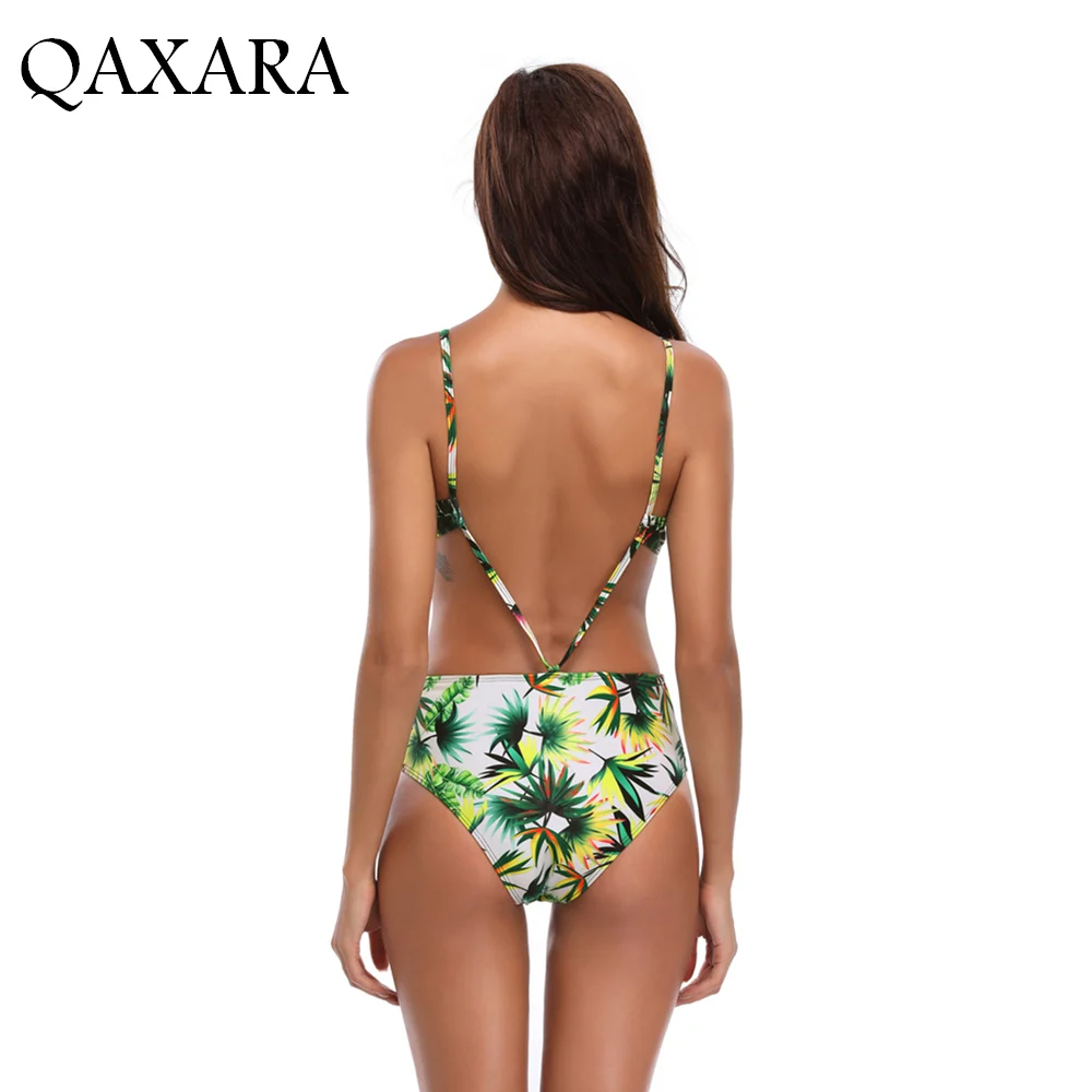 Tropical Leaf Print Strappy V Назад Монокини умеренный дно Слитные купальники для будущих мам