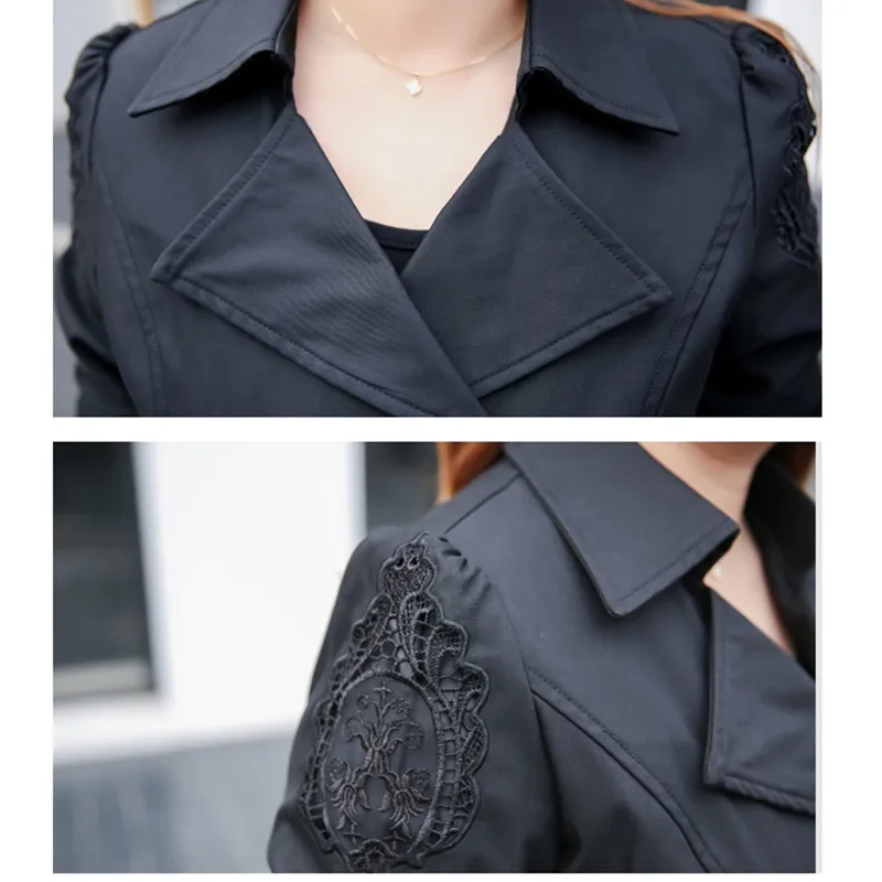 

Double breasted Women Windbreaker Coats 2018 Autumn Lace Patchwork Long Overcoat Large size 6XL Casual Black Trench Coat Female