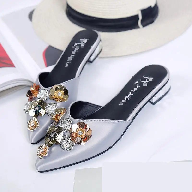 2017 г. туфли с цветочным узором и блестками женские тапочки на плоской подошве