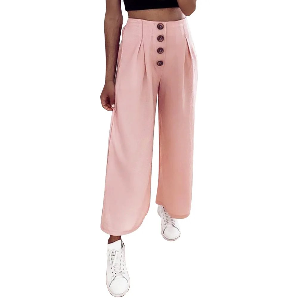 

Streetwear Women Solid Pants Pants Casual Wide Leg Button Decor Pocket Elastic Waist Summer Pants Female Loose Trousers 2019