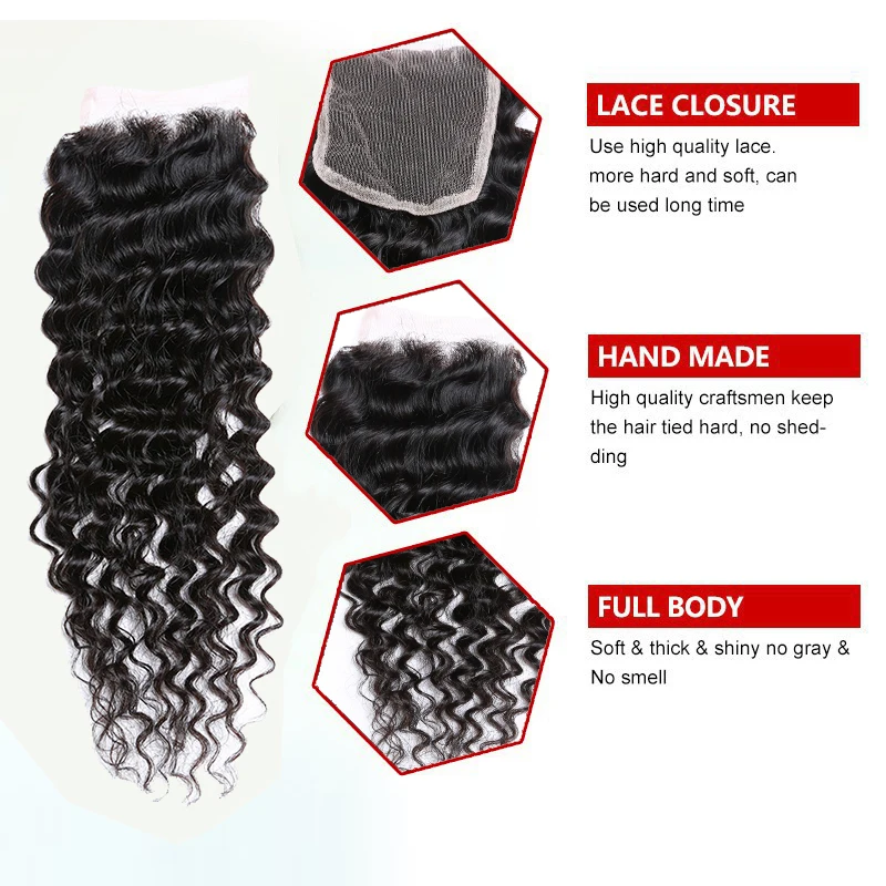 Indian Virgin Hair Deep Wave Closure Human 7A Grade Curly Swiss Lace 4x4 One Bundle |
