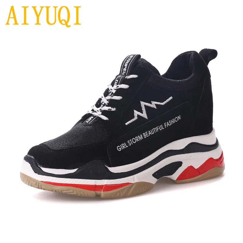 black AIYUQI; женская повседневная обувь; Новинка года; сезон весна; женские лоферы из натуральной кожи; женские белые кроссовки на платформе с кружевом - Цвет: black