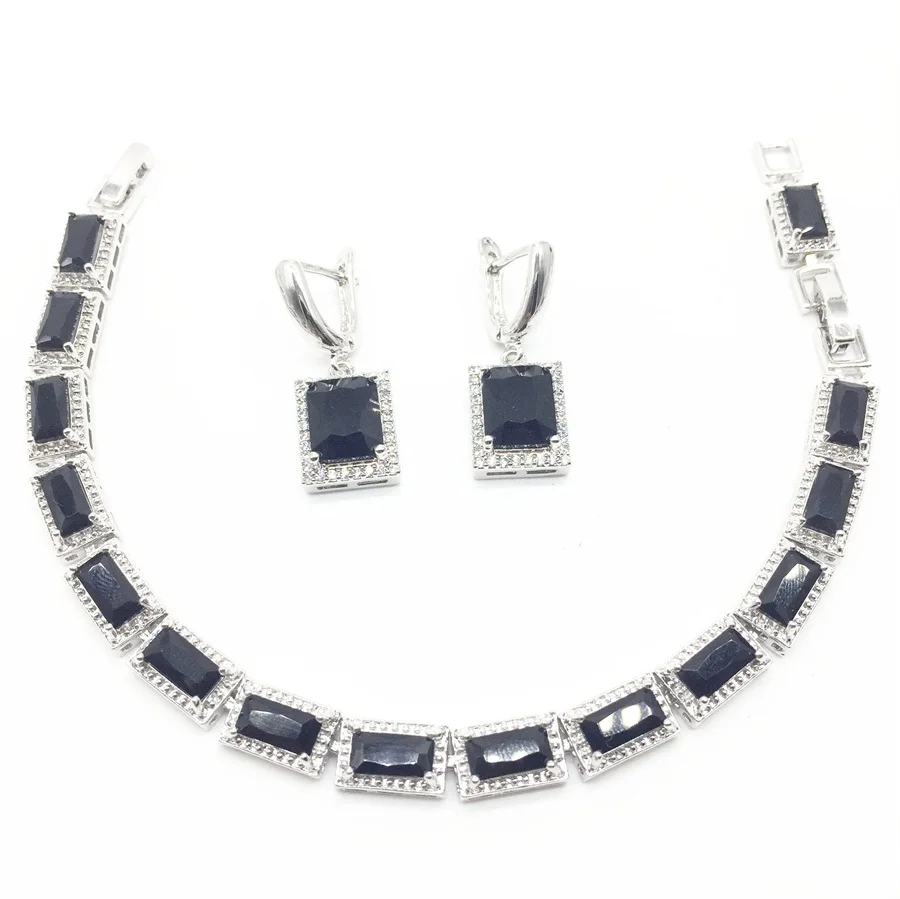 Квадратный натуральный черный циркон Белый Австралийский Кристалл 925 Серебряные