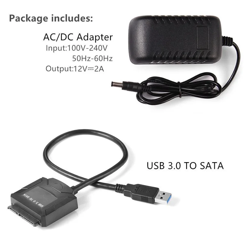 Кабель USB 3 0 к SATA с адаптером питания для жесткого диска 5 дюйма SSD HDD 12 В 2 А адаптер