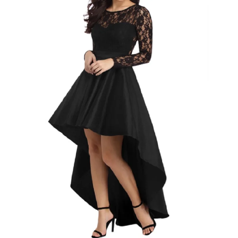 2019 Весна черный с длинным рукавом кружево Высокая Низкая атласное платье