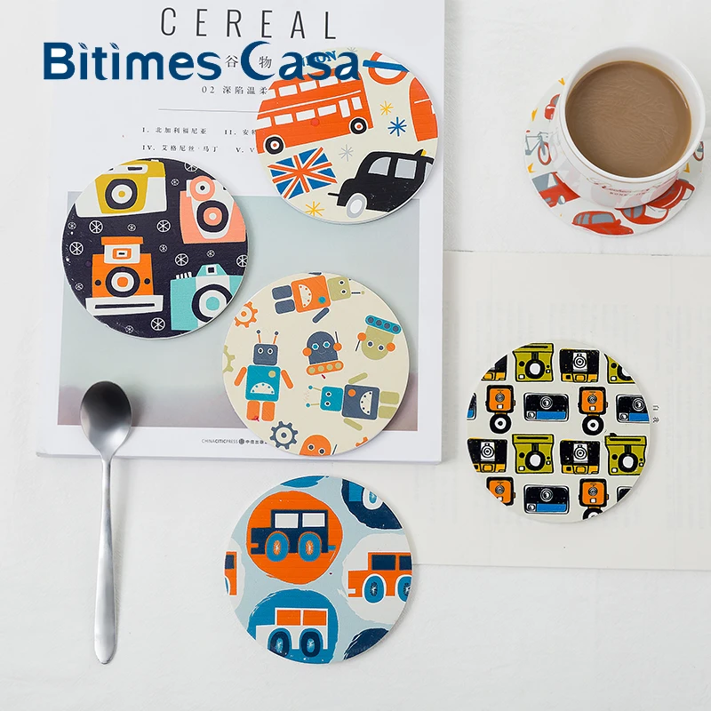 Bitimes 6 шт./компл. милый мультяшный узор круглый MDF стол Coaster деревянная кофейная