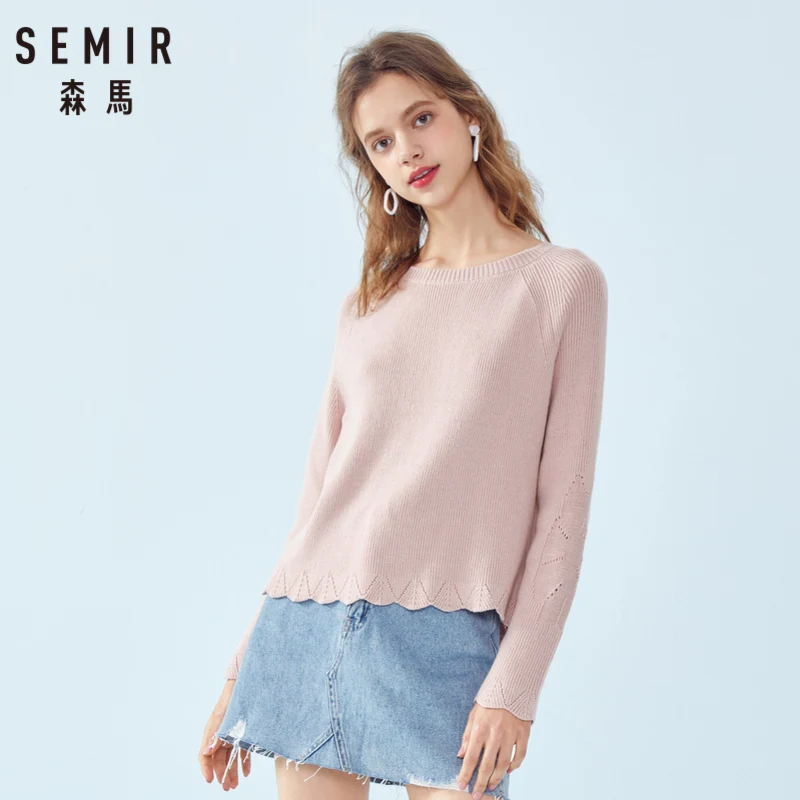 SEMIR Women Rib Knit Sweater with Ruffle Trim Women's Pullover Ruffle-Trimed Sleeve Ribbing at Crewneck for Spring | Женская одежда