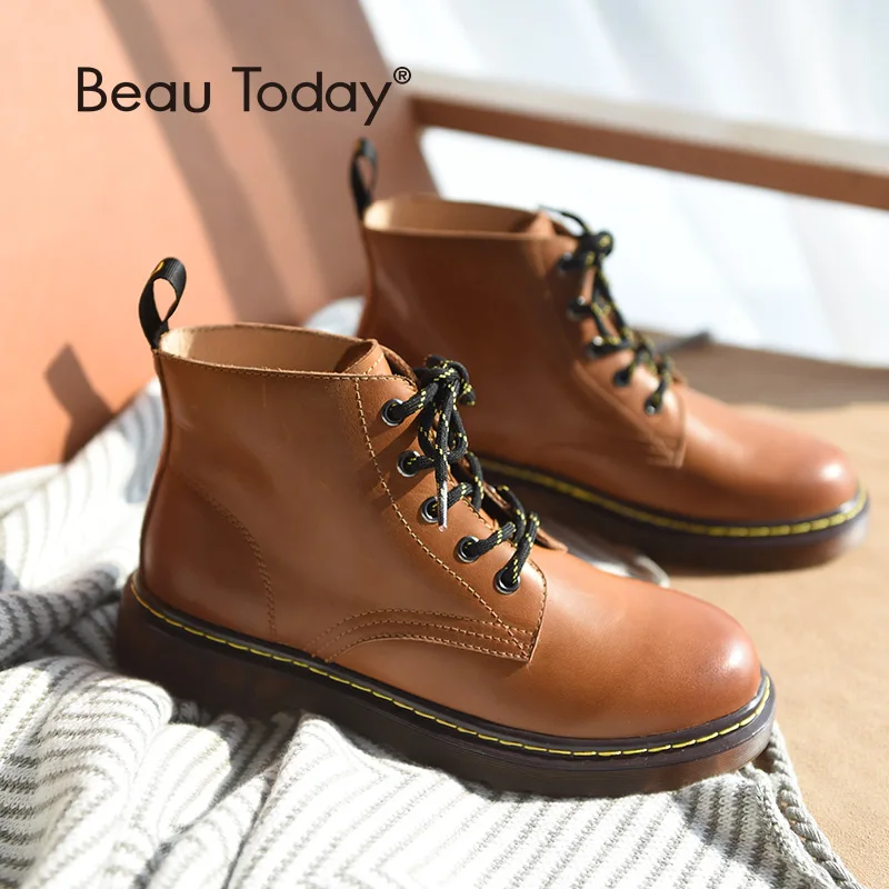 BeauToday/женские ботильоны из вощеной коровьей кожи на шнуровке с круглым носком