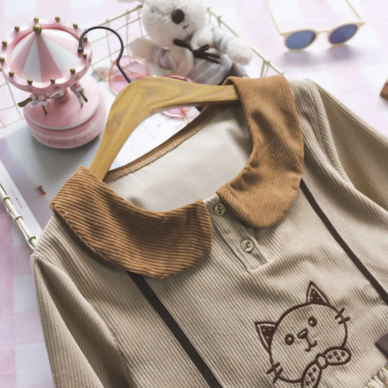 Mori Girl Kawaii повседневное подростковое платье для женщин Япония Лолита Винтаж рюшами Кукла одежда милый кот с длинным рукавом вельветовые платья