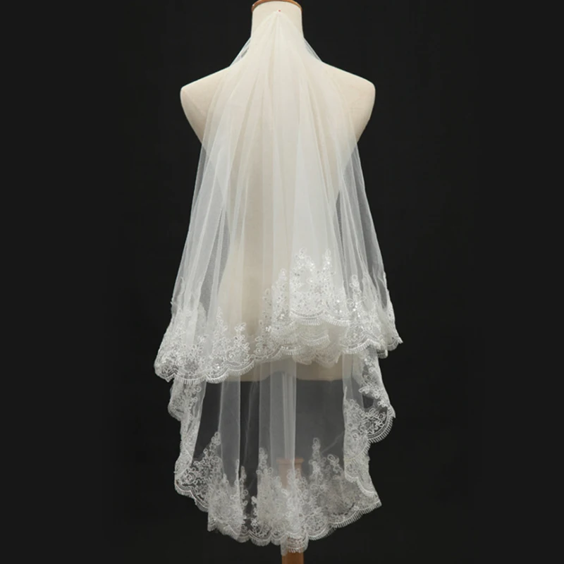 

Mariage Long Woman Bridal Veils One Layer 1.5M Ivory Veil for Bridal Lace Flower Appliqued Edge Tulle Catherdal 3M Wedding Veils