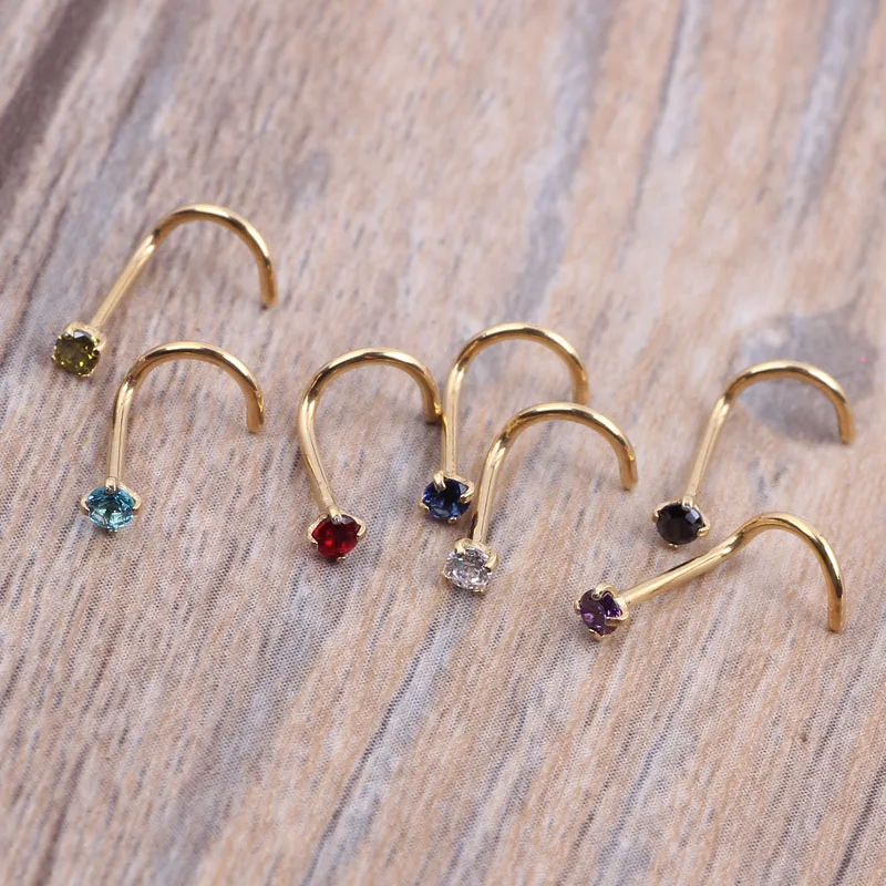 Фото Кольцо для пирсинга JUNLOWPY Crystal Gold Silver Zircon, винтовое, для носа, прозрачное, розовое, красное, фиолетовое, из изогнутой стали, 20G, 0.8 мм №4