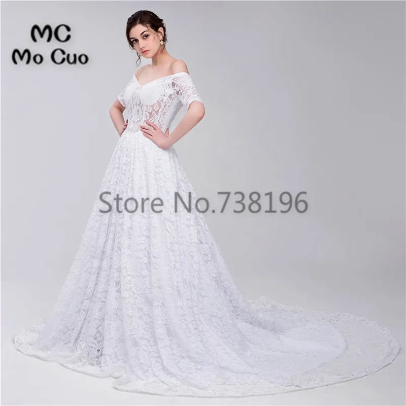 Элегантное кружевное свадебное платье 2019 с короткими рукавами v-образным вырезом