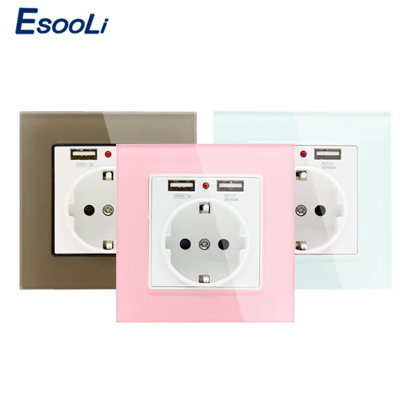 Розетка стеновая Esooli стеклянная с двумя USB-портами 2 1 А 16 | Обустройство дома