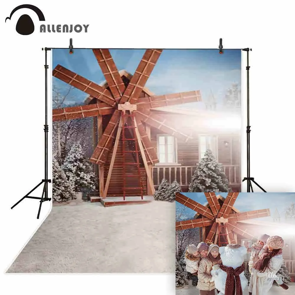 Фон для фотосъемки Allenjoy зимняя ветряная мельница сосна снежное дерево