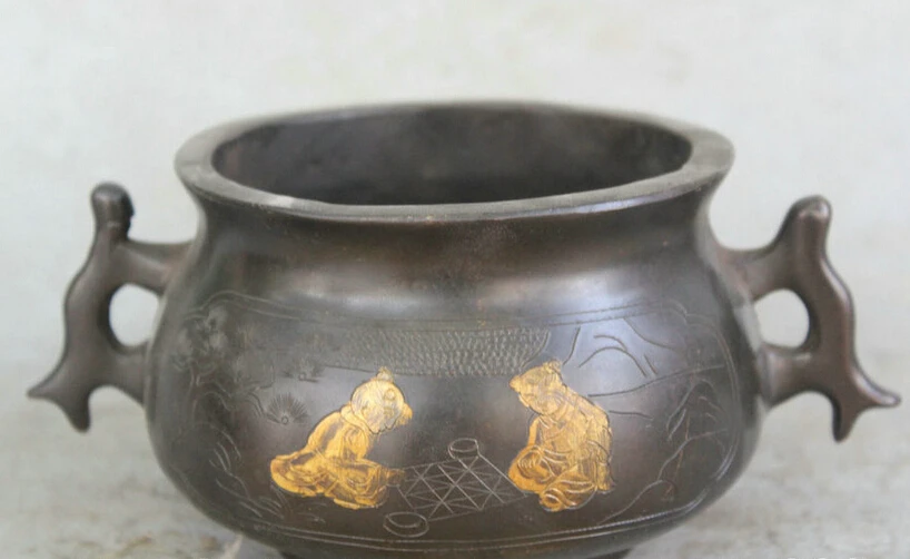 song voge gem S2181 7 Marked Chinese Bronze 3 Foot Boy Girl Tong Zi Play Chess Incense Burner | Дом и сад