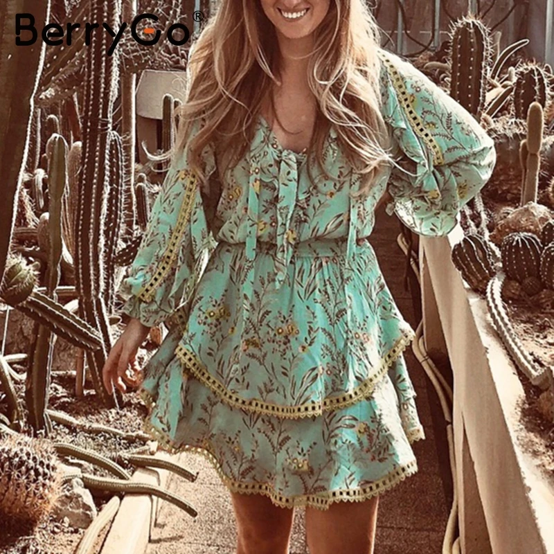 BerryGo богемное женское платье с цветочным принтом винтажное ТРАПЕЦИЕВИДНОЕ
