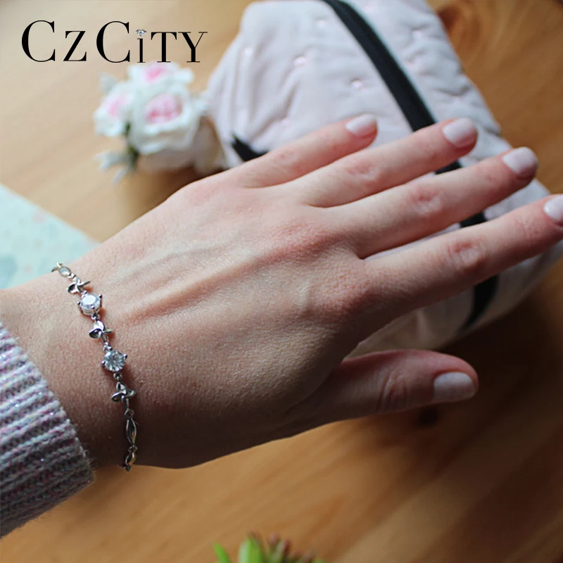 CZCITY, брендовый, кубический цирконий, 925 пробы, серебряный браслет для женщин, Настоящее серебро 925 пробы, простой цветок, звено, цепочка, браслет, ювелирные изделия
