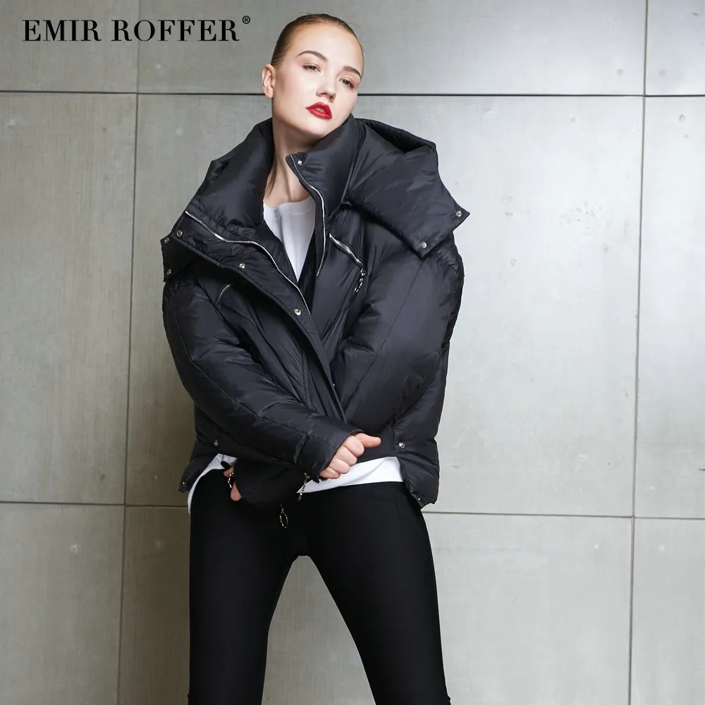 Фото EMIR ROFFER 2018 женский зимний пуховик короткий модный с капюшоном ассиметричный EMIR ROFFER 2018 женский зимний пуховик короткий модный с капюшоном ассиметричный