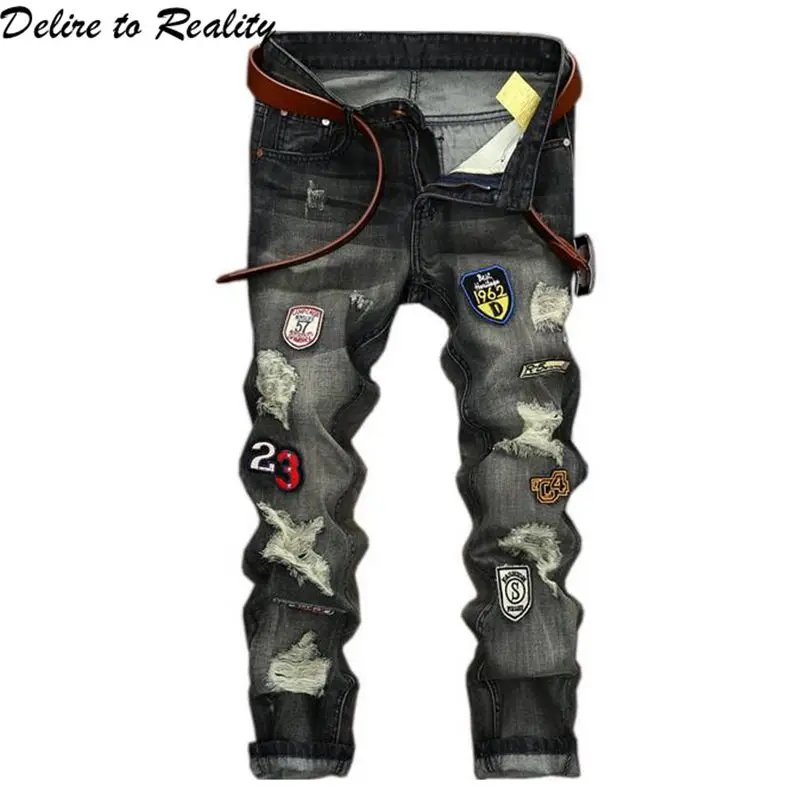 Men's Distressed Ripped Motorcycle Biker Jeans Patchwork Pants Slim Fit Mens Moto Denim Hip Hop Punk Streetwear For Men 163# | Мужская