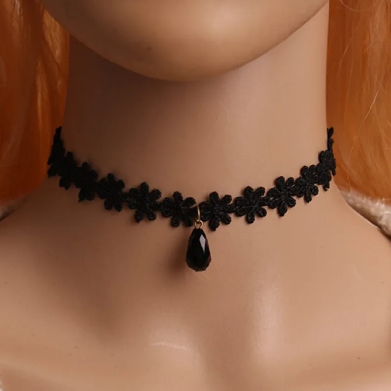 Custom Jewelry Punk Collar Choker Necklace Black Acrylic Water Drop Pendant Lace Flower Sexy Vampire x108 | Украшения и