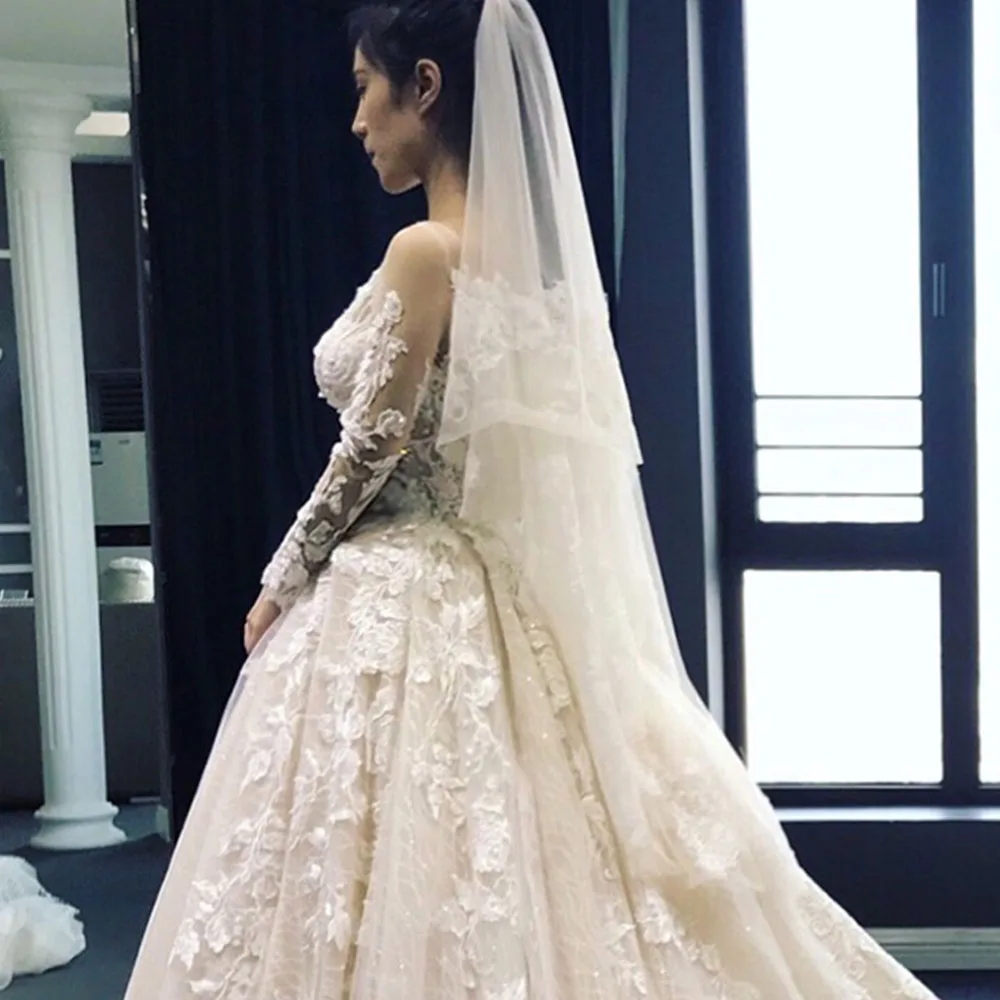 Кружево, широкие рукава Свадебное платье длинный шлейф Vestido De Noiva Princesa бисерные аппликации А-силуэта свадебное платье с изображением вуали