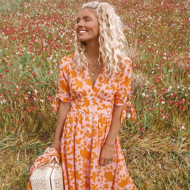 Yellow Sexy Print Womens Dresses V Neck Maxi Boho Floral Summer Beach Long Dress Evening Party Sun Femme | Женская одежда