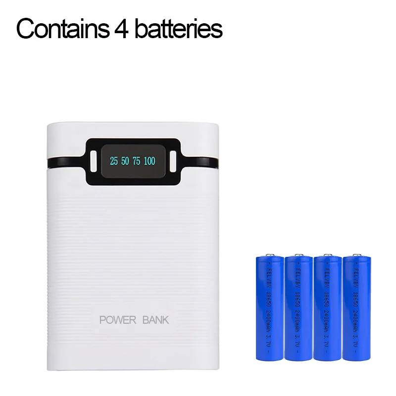 White and 4 battery FELYBY портативный внешний аккумулятор 18650 зарядное устройство мобильный блок питания с светодиодный светильник дисплей двойной USB выход для мобильного телефона - Цвет: White and 4 battery