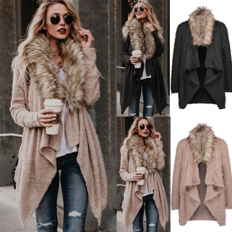 Big Fur Collar Women Sweater Casual Cardigan Warm Plush Jackets Female Autumn Winter Knitted Windbreaker V1007 |